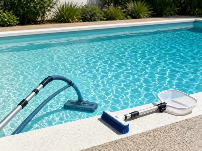 A clean pool tools beside clear water