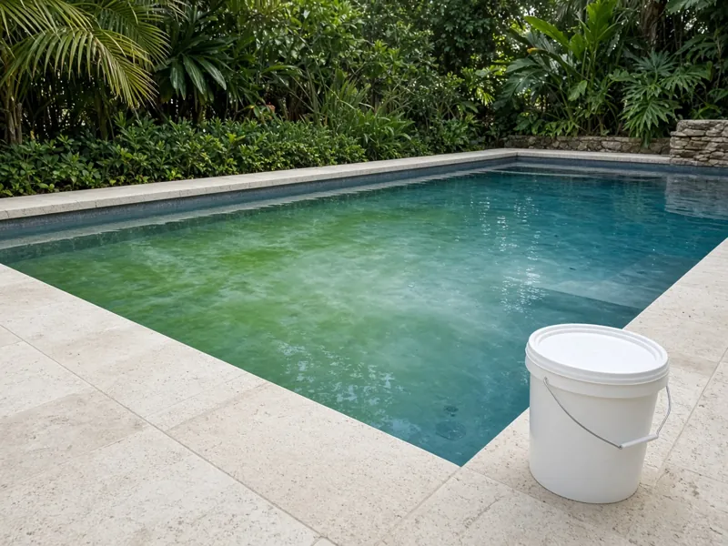 A pool midway through green-to-blue treatment